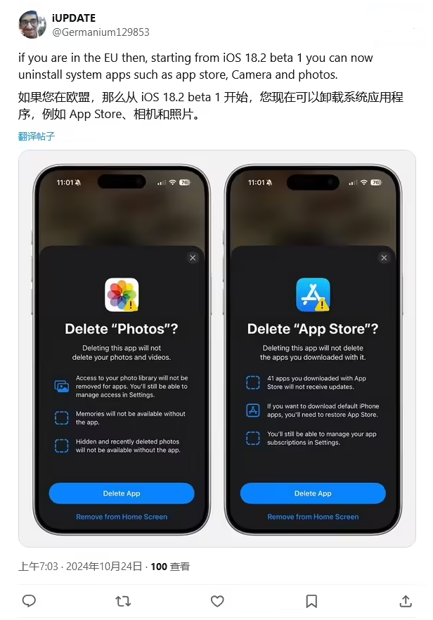 东方苹果手机维修分享iOS 18.2 支持删除 App Store 应用商店 